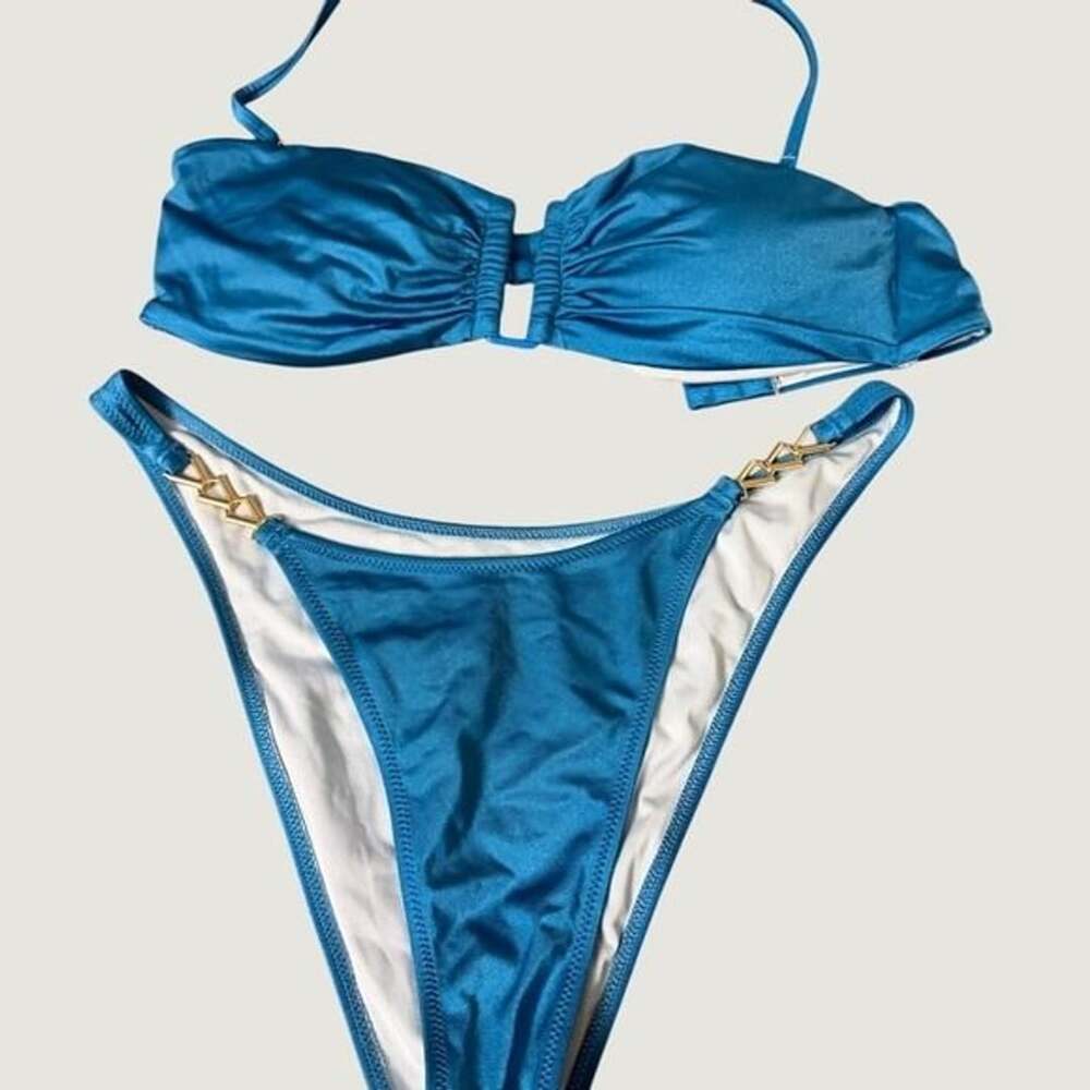 Victorias Secret Teal Blue Metallic Bandeau Bikini Set Gold Hardware Medium VS